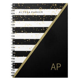Carnet Confettis fascinants d'or et rayures noires et