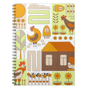 Carnet Coq, poules, dessin géométrique floral.