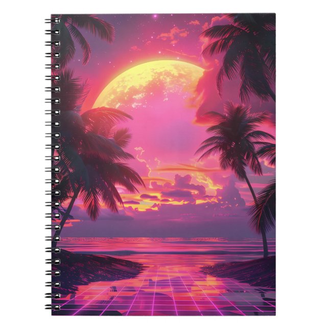 Carnet Coucher de soleil 3d sur la plage. Palmiers rétro (Devant)