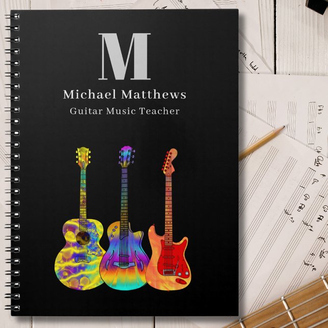Carnet Cours de Musique Professeur de Guitare Sur Mesure (Guitar teacher music business custom notebook with funky psychedelic guitars  personalized monogram)