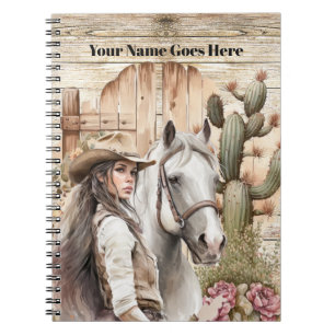 Carnet Cowgirl avec cheval aquarelle cactus floral