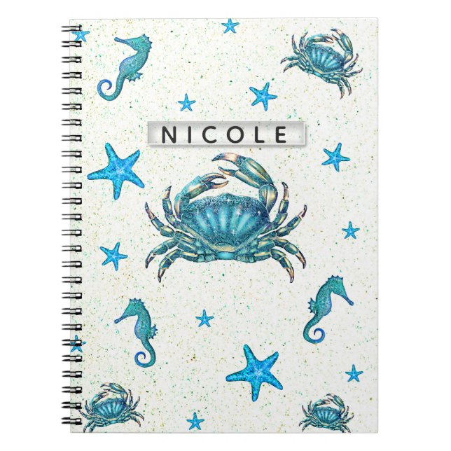 Carnet Crabe bleu moderne étoile de mer hippocampe paille (Devant)