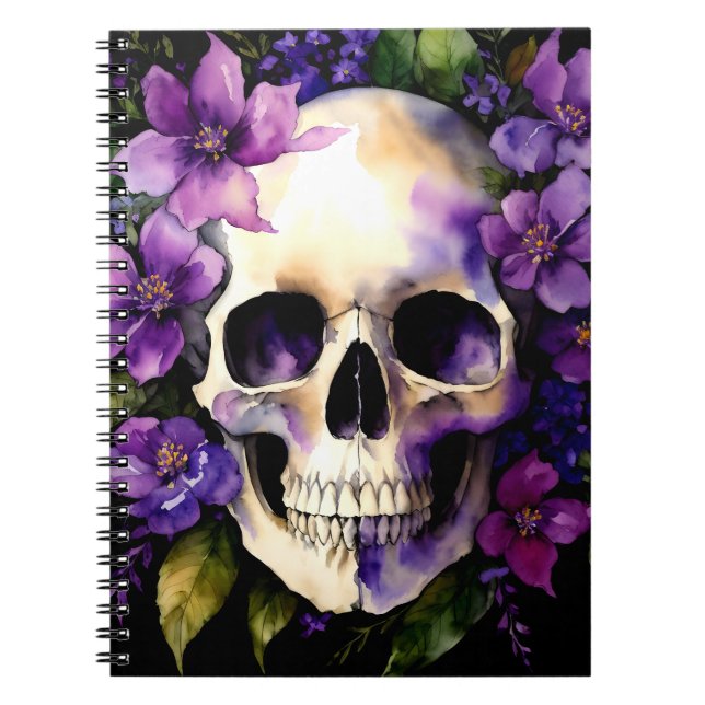 Carnet Crâne aux fleurs violettes Goth Aquarelle Art (Devant)