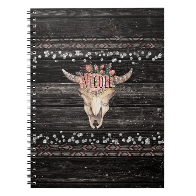 Carnet Crâne de vache floral rustique Boho Chic Country G (Devant)