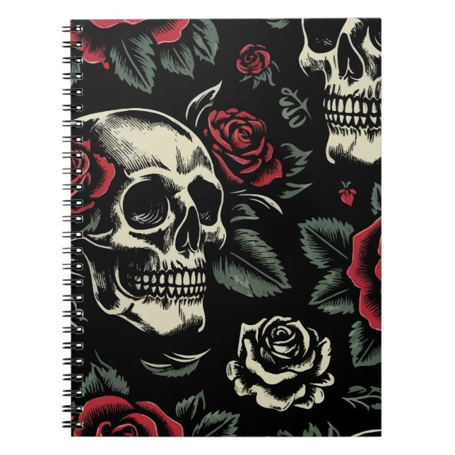 Carnet Crânes et roses rouges Floral gothique (Devant)