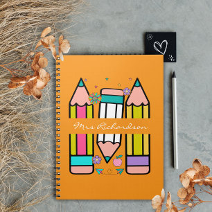 Carnet Crayon de nom d'enseignant coloré orange cartoon