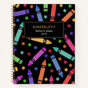 Carnet Crayons et étoiles de couleur noire Motif