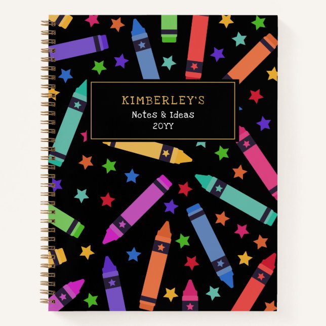 Carnet Crayons et étoiles de couleur noire Motif (Devant)