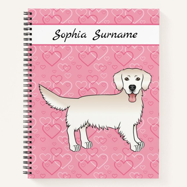 Carnet Crème Golden Retriever sur les coeurs roses et le  (Devant)