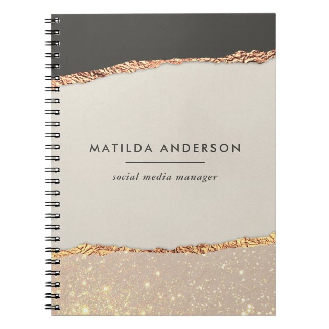Carnet Crème noire personnalisée pailletée or faux foil (Devant)