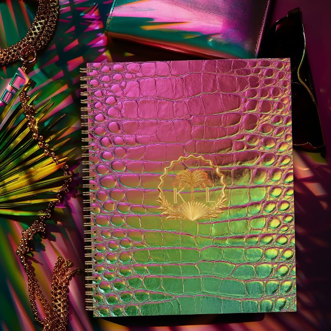 Carnet Croc Monogramme Iridescent Rose Vert Élégant (Chic Luxe Monogrammed Pink and Green Iridescent Notebook, Glossy Paper Cover/shown or Matte finish)