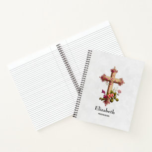 Carnet Croix en bois élégante aux fleurs roses