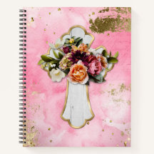 Croix florale sur aquarelle rose