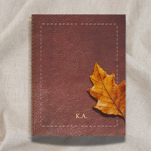 Carnet Cuir Aspect Brodé & Feuille d'Automne