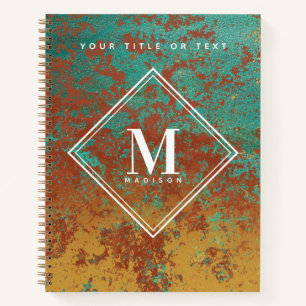 Carnet Cuivre Turquoise Texture métallique Monogramme ini