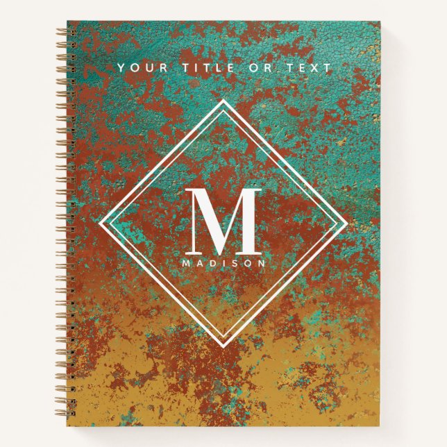 Carnet Cuivre Turquoise Texture métallique Monogramme ini (Devant)
