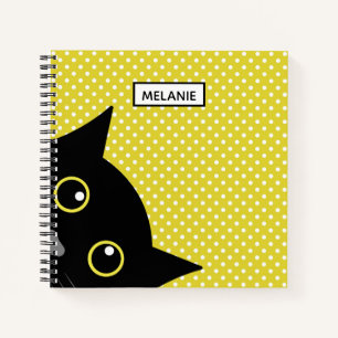 Carnet Curieux Chat Noir Polka Jaune Point Personnalisé