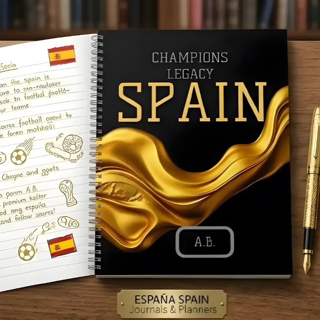 Carnet Custom España Workspace QR Code | Champions Legacy (Elite black & gold liquid wave Spain finalist notebook. Fully customizable on Achempong Zazzle. 🏆✨)