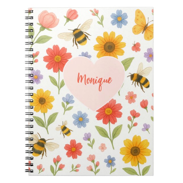 Carnet Customizable Pink Orange Floral and Bee Pattern  (Devant)