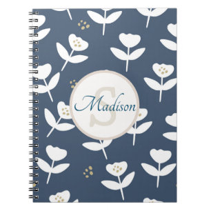 Carnet Cute Blue & White Floral Monogramme Nom Ferme