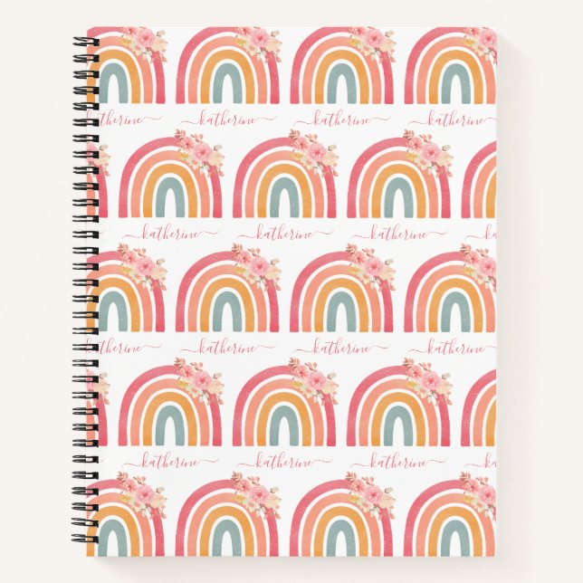 Carnet Cute Boho arc-en-ciel avec aquarelle rose fleurs (Devant)