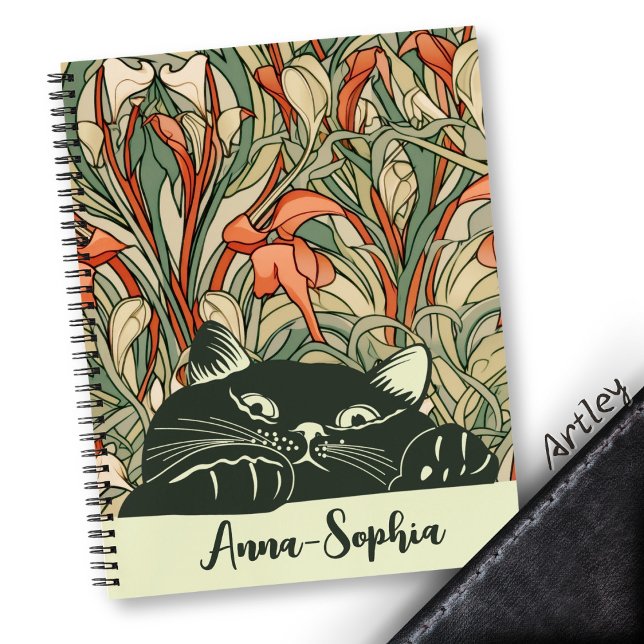 Carnet Cute Chat Art Nouveau Motif Floral Nom personnalis (Créateur téléchargé)