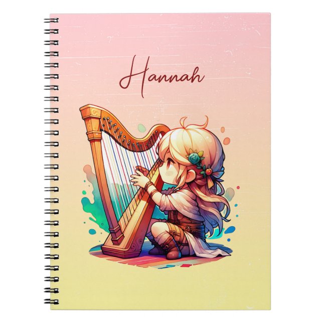 Carnet Cute Chibi Fille Jouer De La Harpe Personnalisée (Devant)