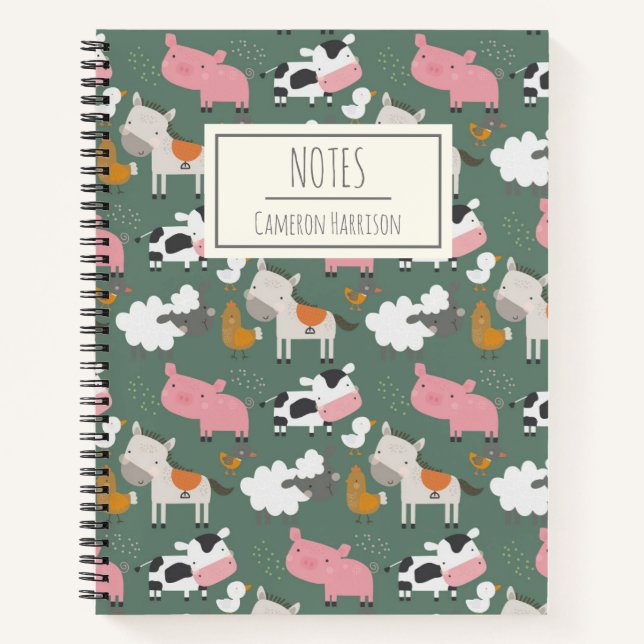 Carnet Cute Farm Animaux Motif en vert Personnalisé (Devant)