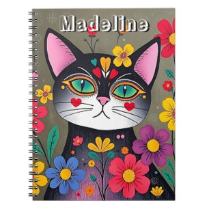 Carnet Cute Folk Art Chat et Fleurs Noir Personnalisé