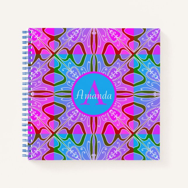 Carnet Cute Girly Whimsical Folk Art rose violet bleu (Devant)