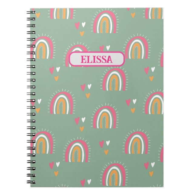Carnet Cute Green Boho Rainbow Heart Nom personnalisé (Devant)