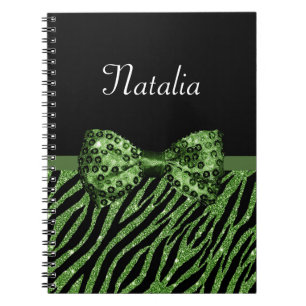 Carnet Cute Green Zebra Print FAUX Glitz Bow avec nom