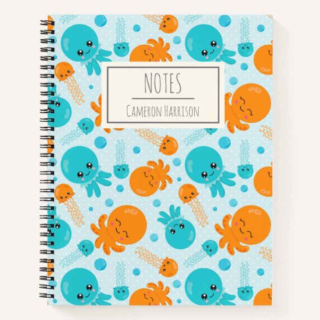 Carnet Cute Kawaii Octopus Motif en bleu Personnalisé (Devant)