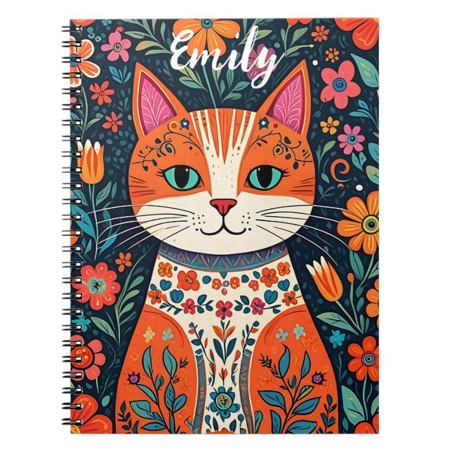 Carnet Cute Kitten avec Fleurs d'Art populaire Whimsical (Devant)