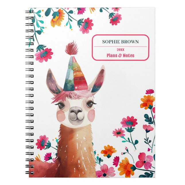 Carnet Cute Lama Rose Floral Nom personnalisé (Devant)