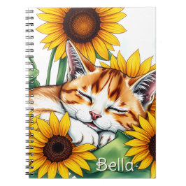Carnet Cute Napping Kitten and Sunflowers Personalized