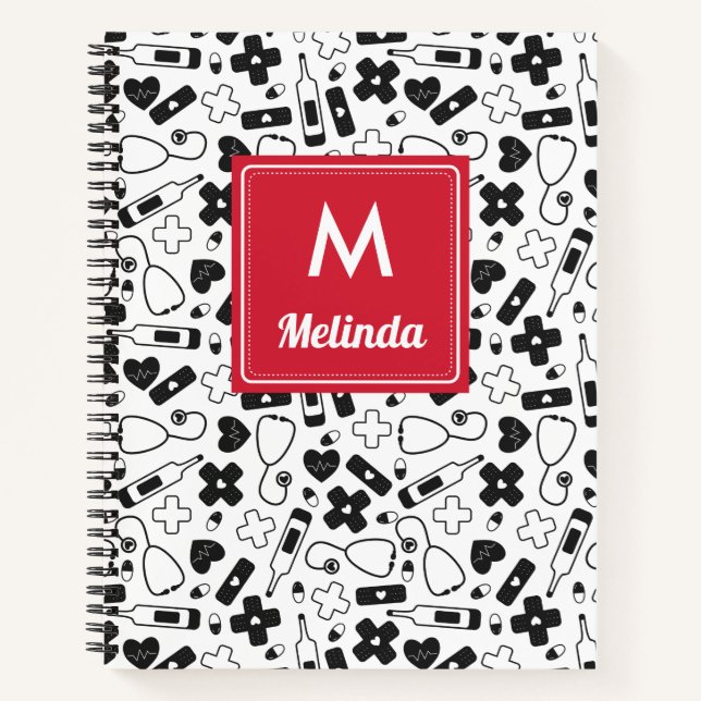 Carnet Cute Noir Blanc Médicale Motif Infirmière Monogram (Devant)