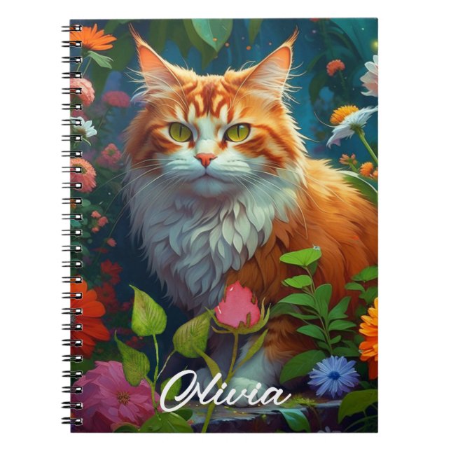 Carnet Cute Orange Chat en Fleurs Personnalisé (Devant)