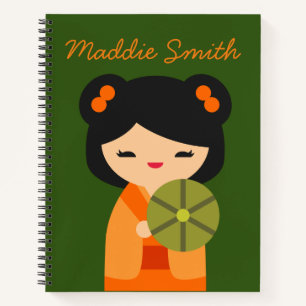 Carnet Cute orange Kokeshi poupées japonaises