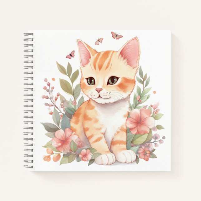 Carnet Cute orange Tabby Kitten avec fleurs de printemps (Devant)