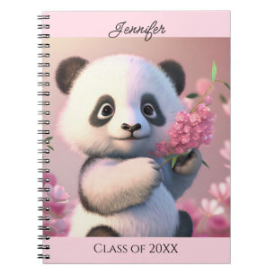 Carnet Cute Panda Ours Fleurs Roses Personnaliser Nom Cad