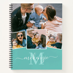 Carnet Cute Photo Collage Monogramme Turquoise