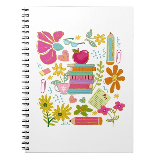 Carnet Cute Teacher Doodle Art – Books, Flowers & School (Devant)