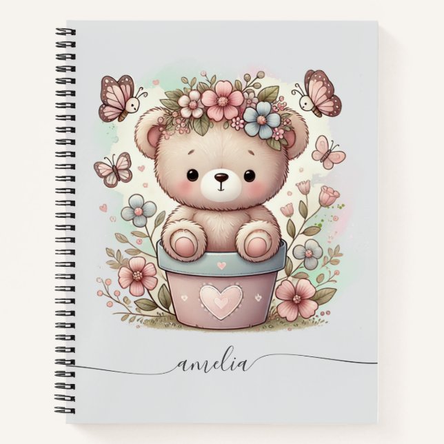 Carnet Cute Teddy Bear & Floral Custom Name  (Devant)