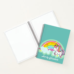 Carnet Cute Turquoise Unicorn Rainbow Name Croquis 
