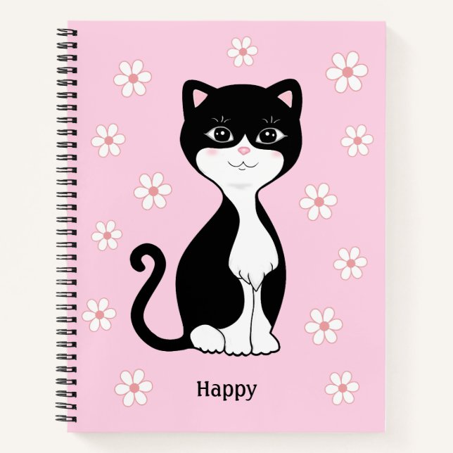 Carnet Cute Tuxedo Chat & Fleurs sur Rose clair (Devant)