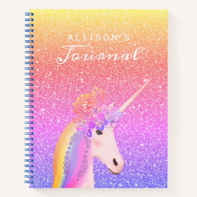 Carnet Cute Unicorn Rainbow Parties scintillant Nom du sc (Devant)