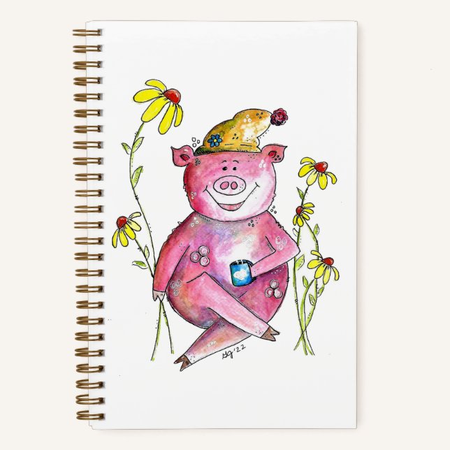 Carnet Cute Whimsical Cochon Boire Café (Recto)