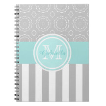 Carnet cyan, gris et blanc rayé/de motif