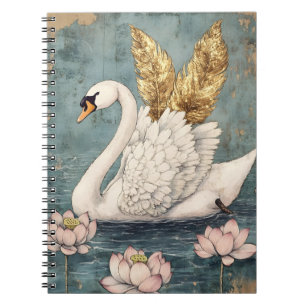 Carnet cygne majestueux aux ailes dorées flotte sur l'eau